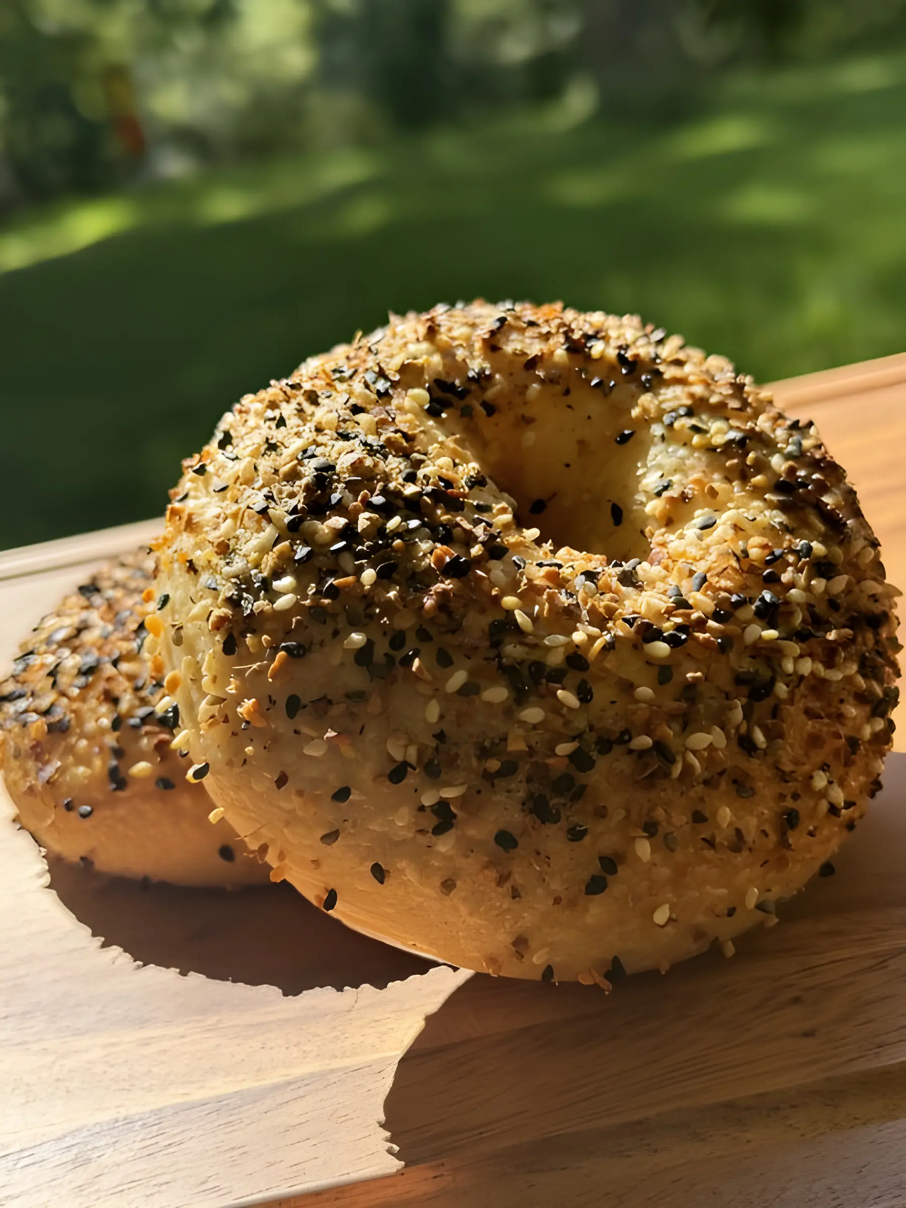 Everything bagel on a wooden board in the sun